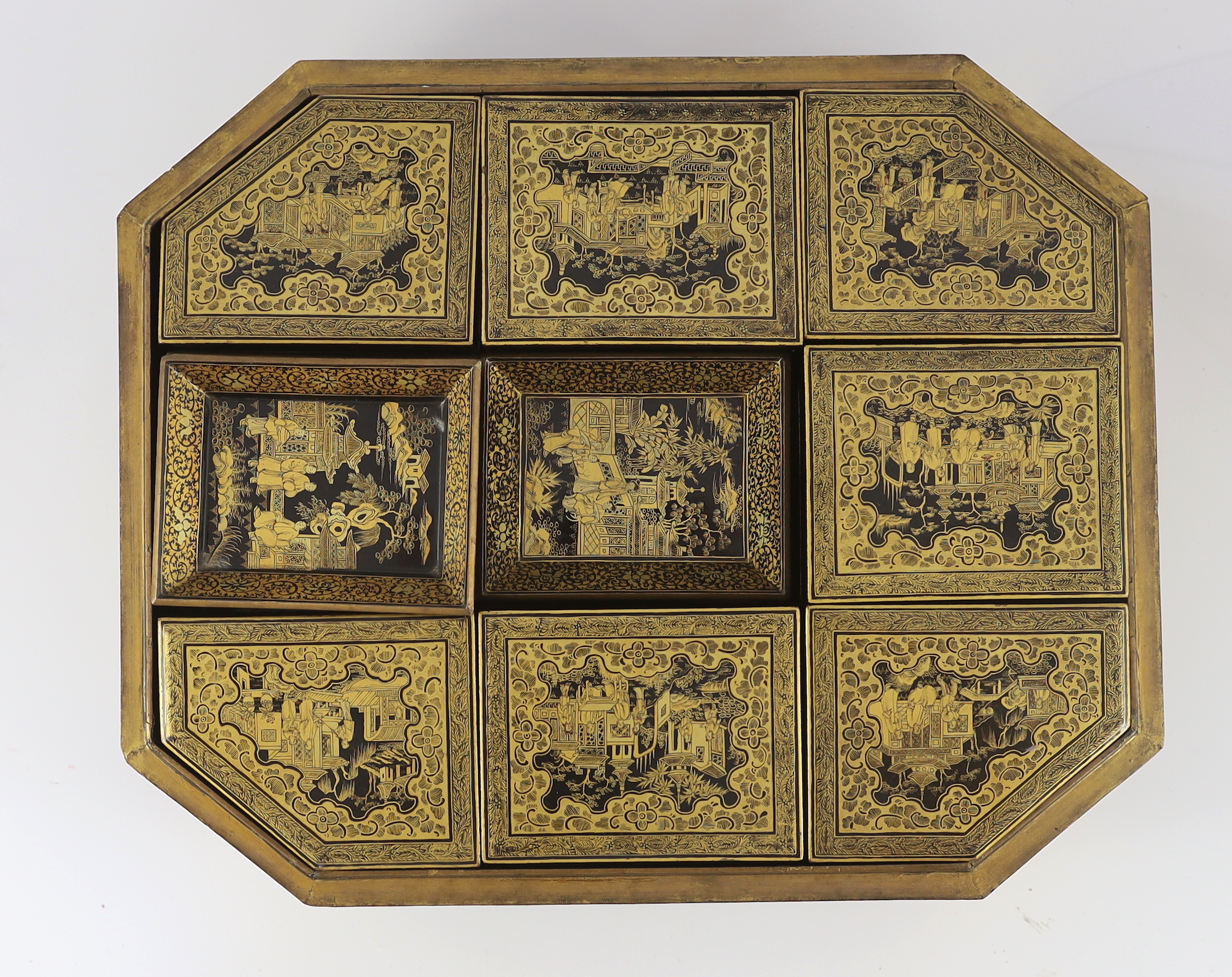 A Chinese Export gilt-decorated black lacquer games box, c.1830